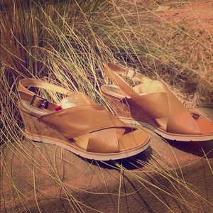 Leather crisscross wedge sandals